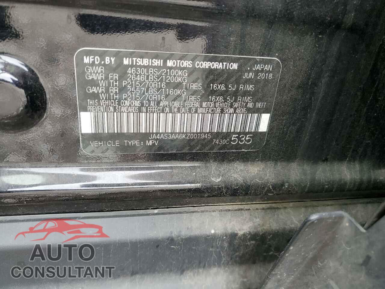 MITSUBISHI ECLIPSE 2019 - JA4AS3AA6KZ001945
