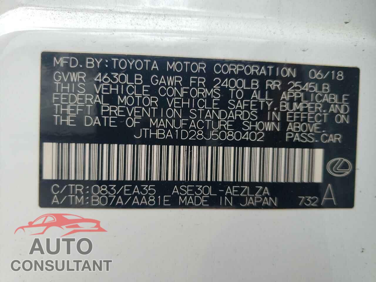 LEXUS IS 2018 - JTHBA1D28J5080402
