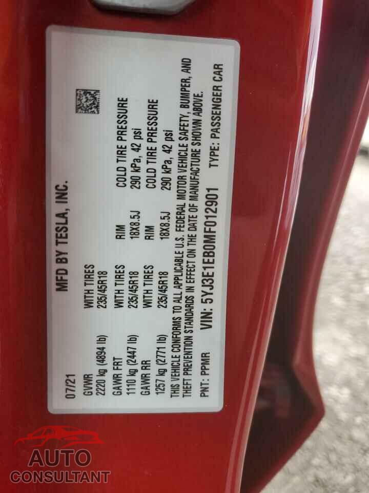 TESLA MODEL 3 2021 - 5YJ3E1EB0MF012901