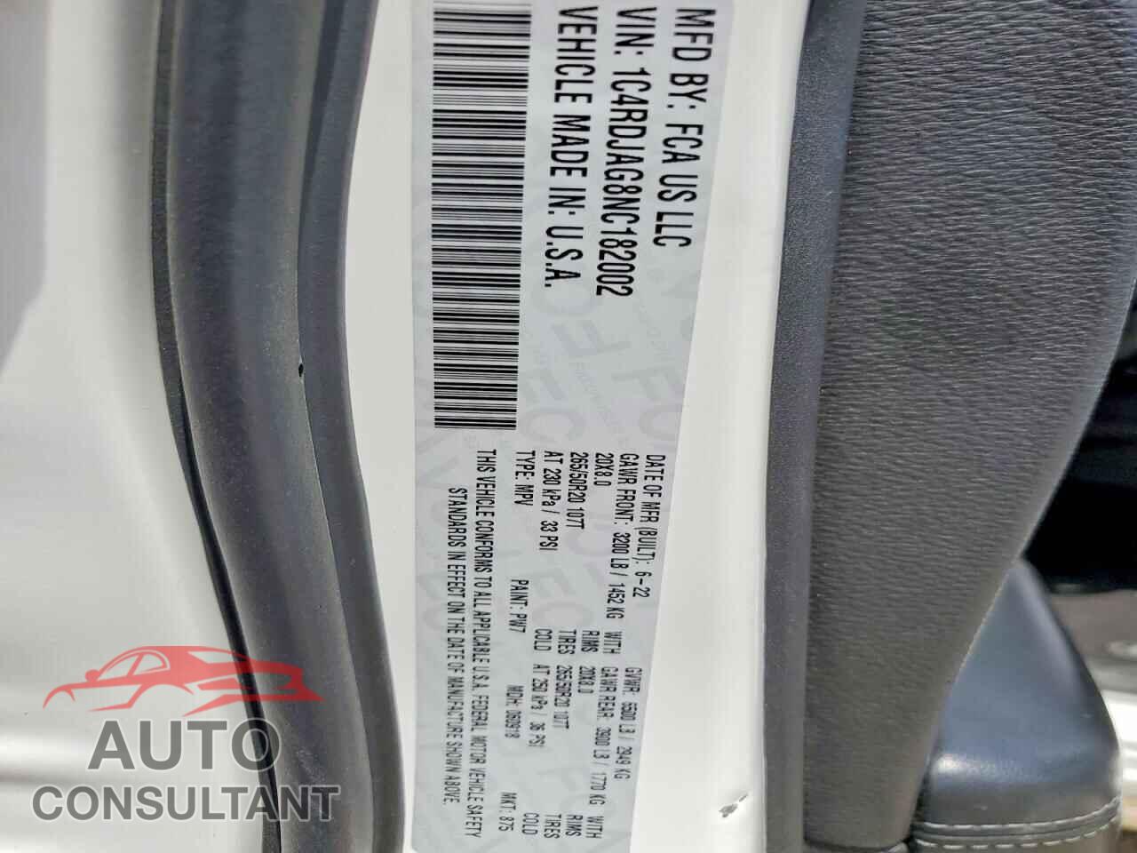 DODGE DURANGO 2022 - 1C4RDJAG8NC182002
