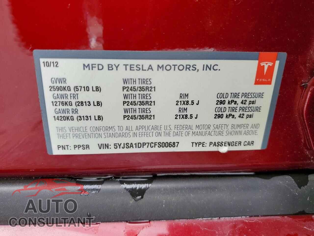 TESLA MODEL S 2012 - 5YJSA1DP7CFS00687