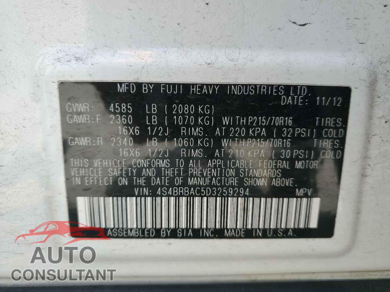 SUBARU OUTBACK 2013 - 4S4BRBAC5D3259294