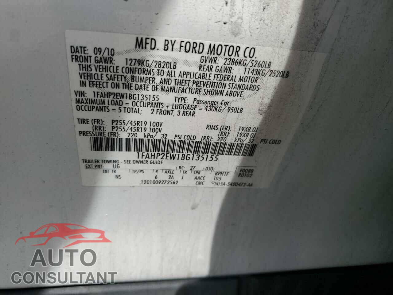 FORD TAURUS 2011 - 1FAHP2EW1BG135155