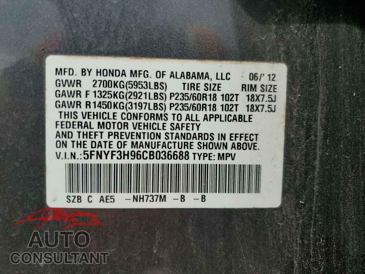 HONDA PILOT 2012 - 5FNYF3H96CB036688