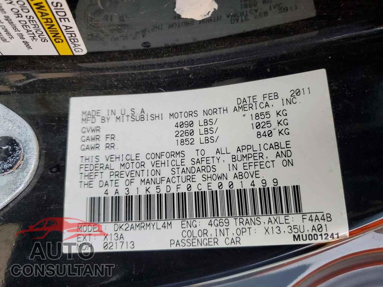 MITSUBISHI ECLIPSE 2012 - 4A31K5DF0CE001499