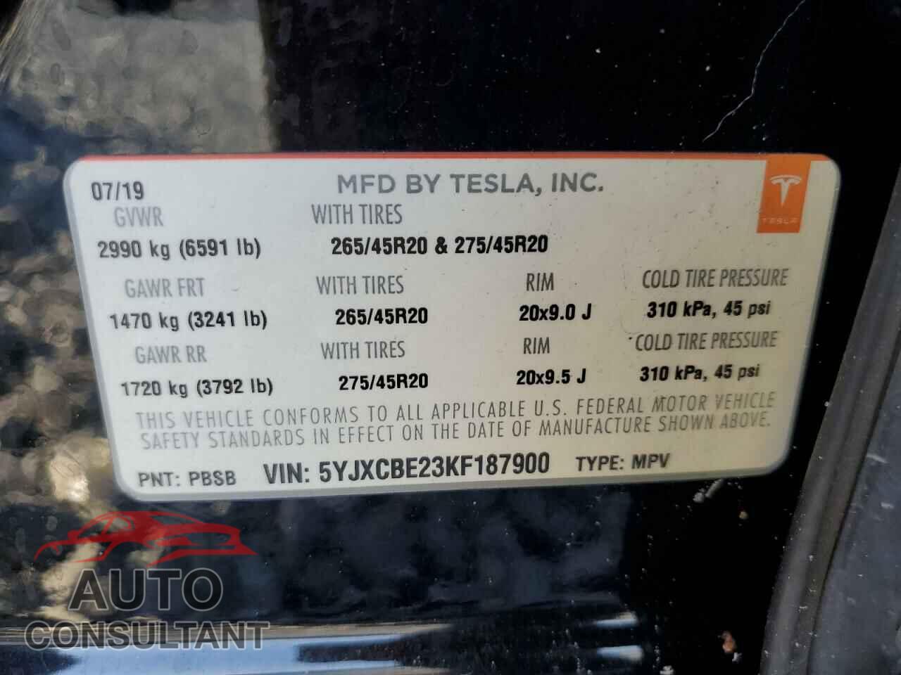 TESLA MODEL X 2019 - 5YJXCBE23KF187900