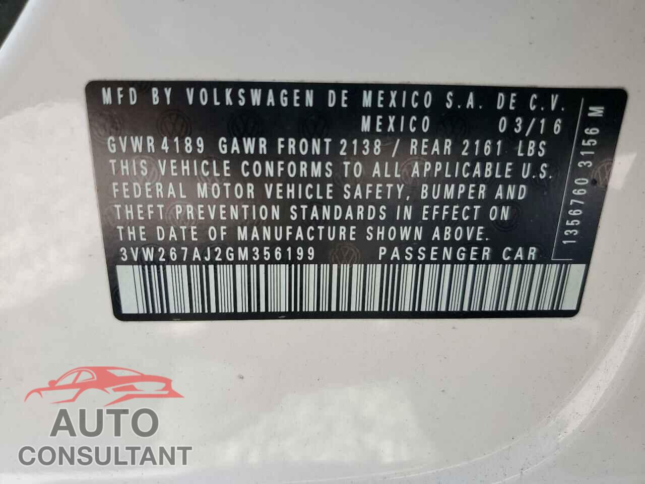 VOLKSWAGEN JETTA 2016 - 3VW267AJ2GM356199
