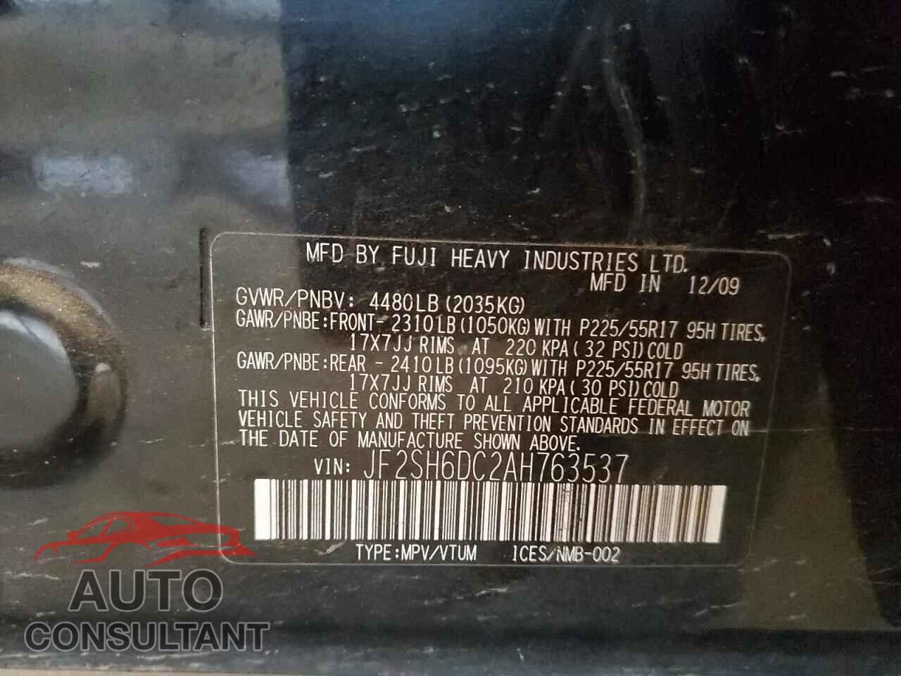 SUBARU FORESTER 2010 - JF2SH6DC2AH763537