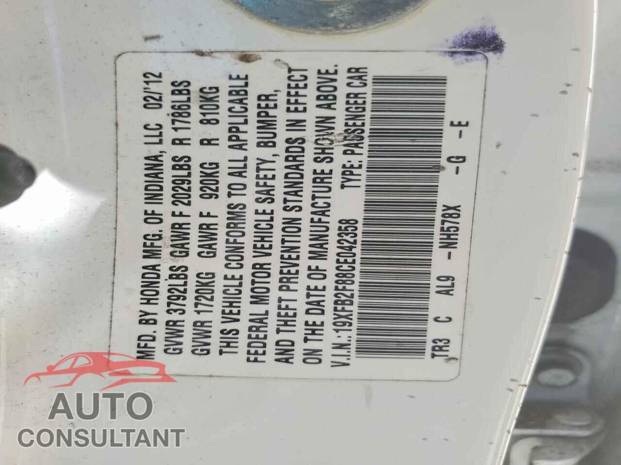 HONDA CIVIC 2012 - 19XFB2F88CE042358