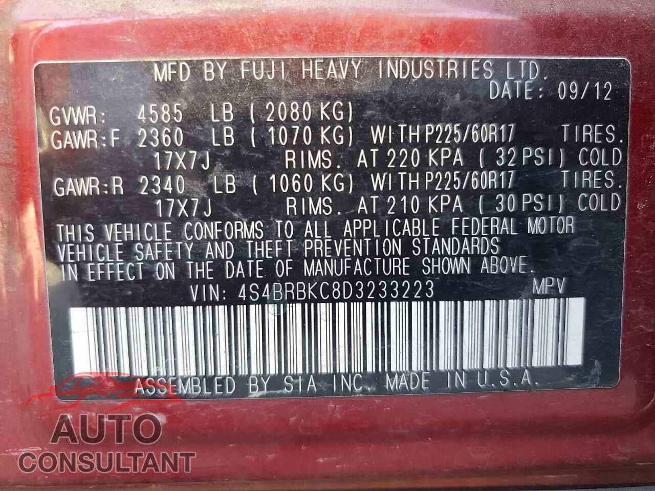 SUBARU OUTBACK 2013 - 4S4BRBKC8D3233223