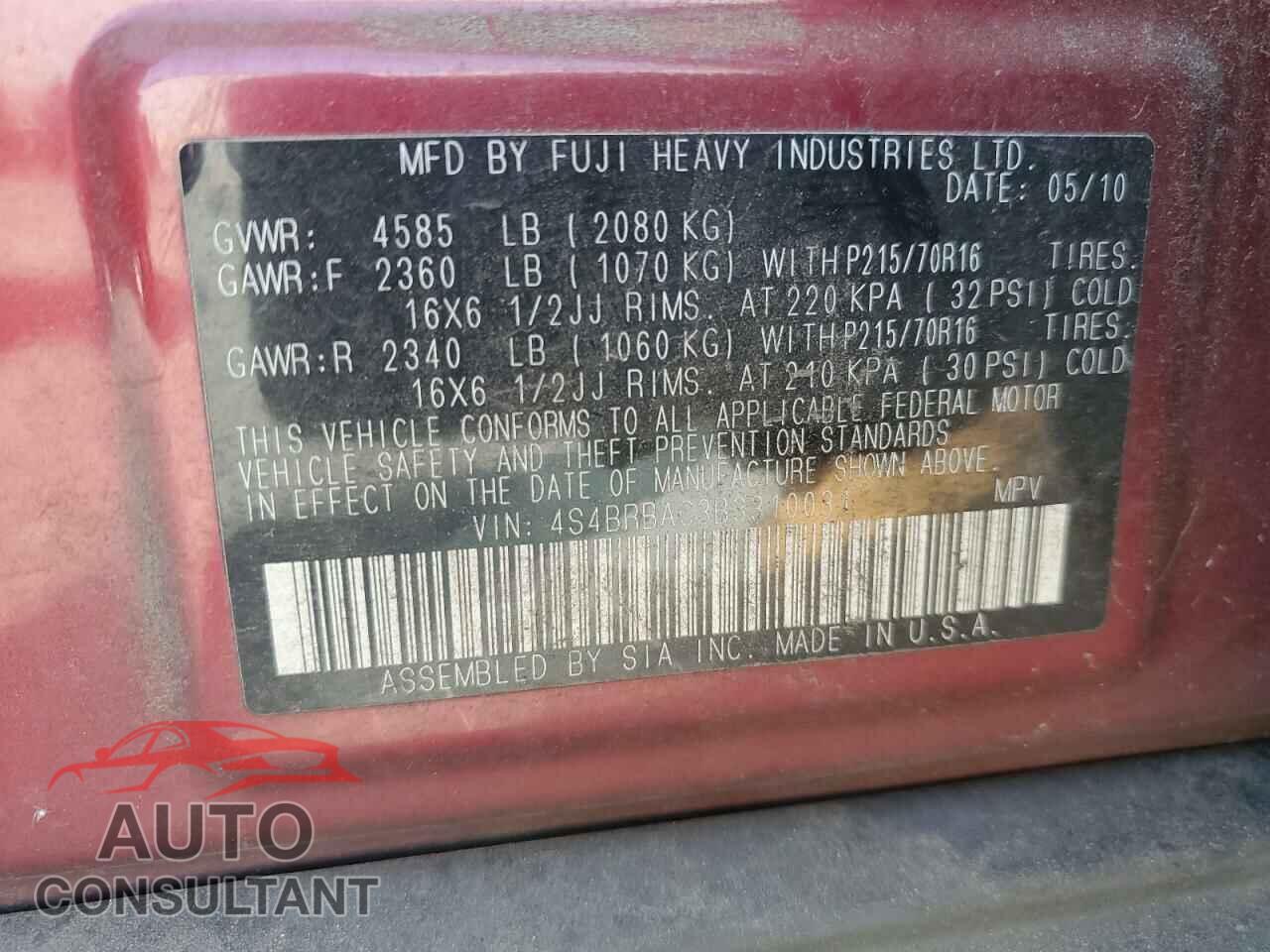 SUBARU OUTBACK 2011 - 4S4BRBAC3B3310031
