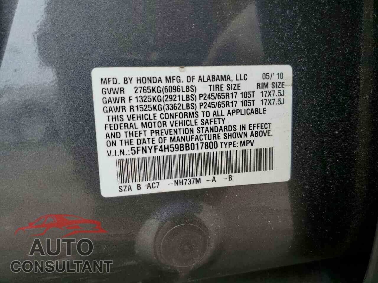 HONDA PILOT 2011 - 5FNYF4H59BB017800