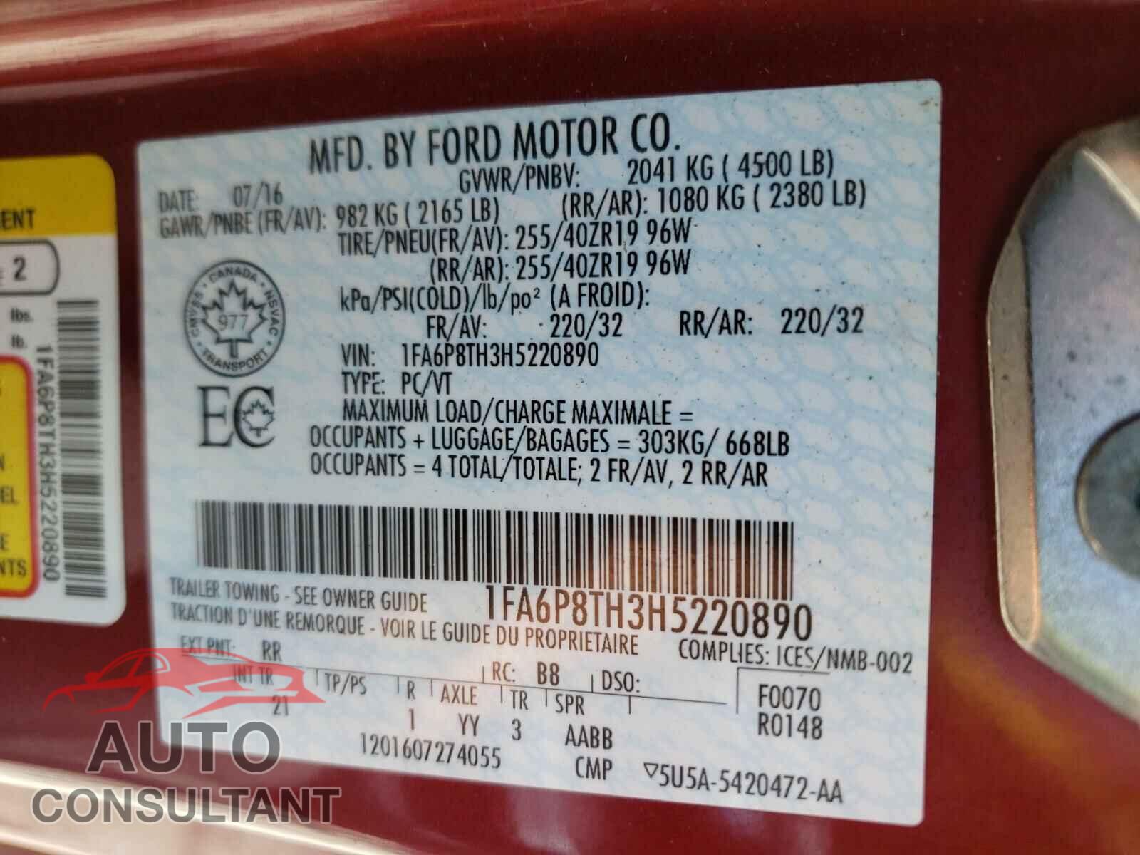 FORD MUSTANG 2017 - 1FA6P8TH3H5220890
