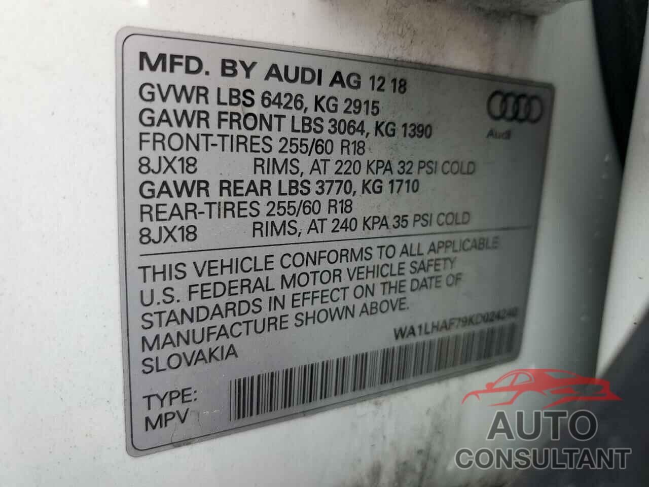 AUDI Q7 2019 - WA1LHAF79KD024240