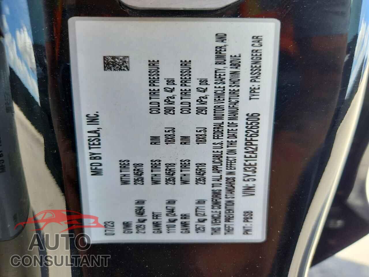 TESLA MODEL 3 2023 - 5YJ3E1EA2PF626506
