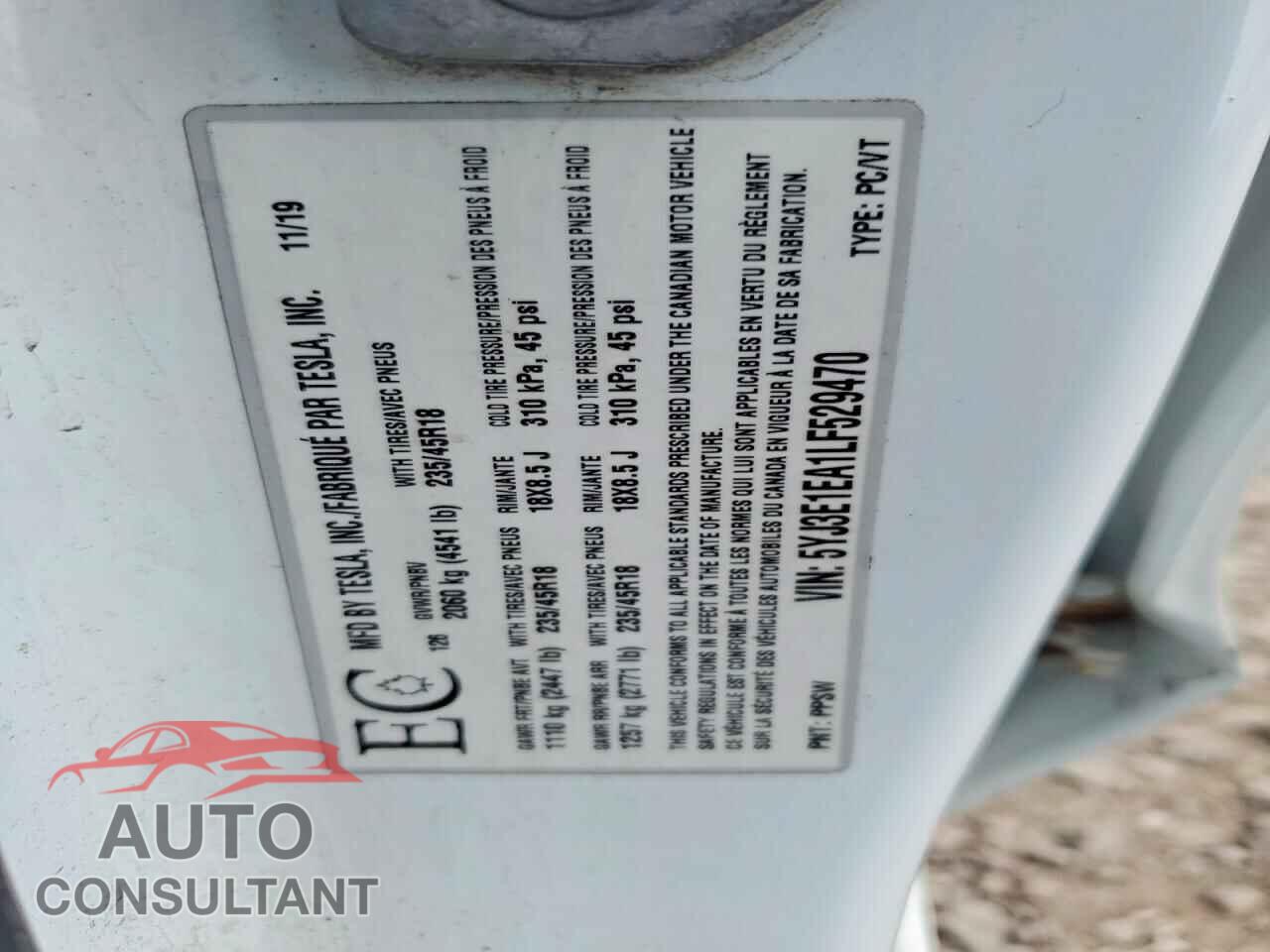 TESLA MODEL 3 2020 - 5YJ3E1EA1LF529470