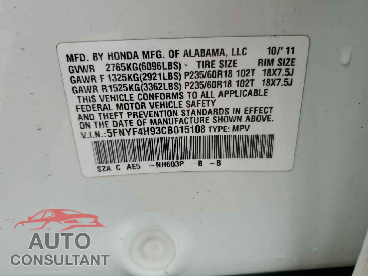 HONDA PILOT 2012 - 5FNYF4H93CB015108
