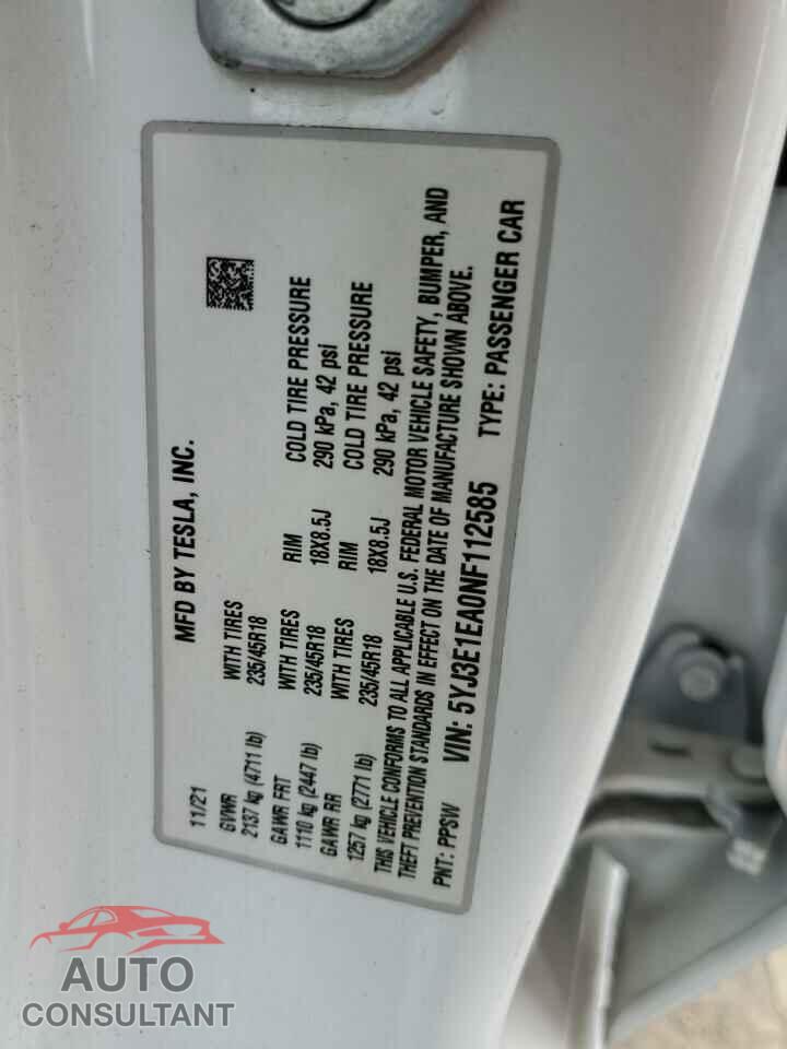 TESLA MODEL 3 2022 - 5YJ3E1EA0NF112585
