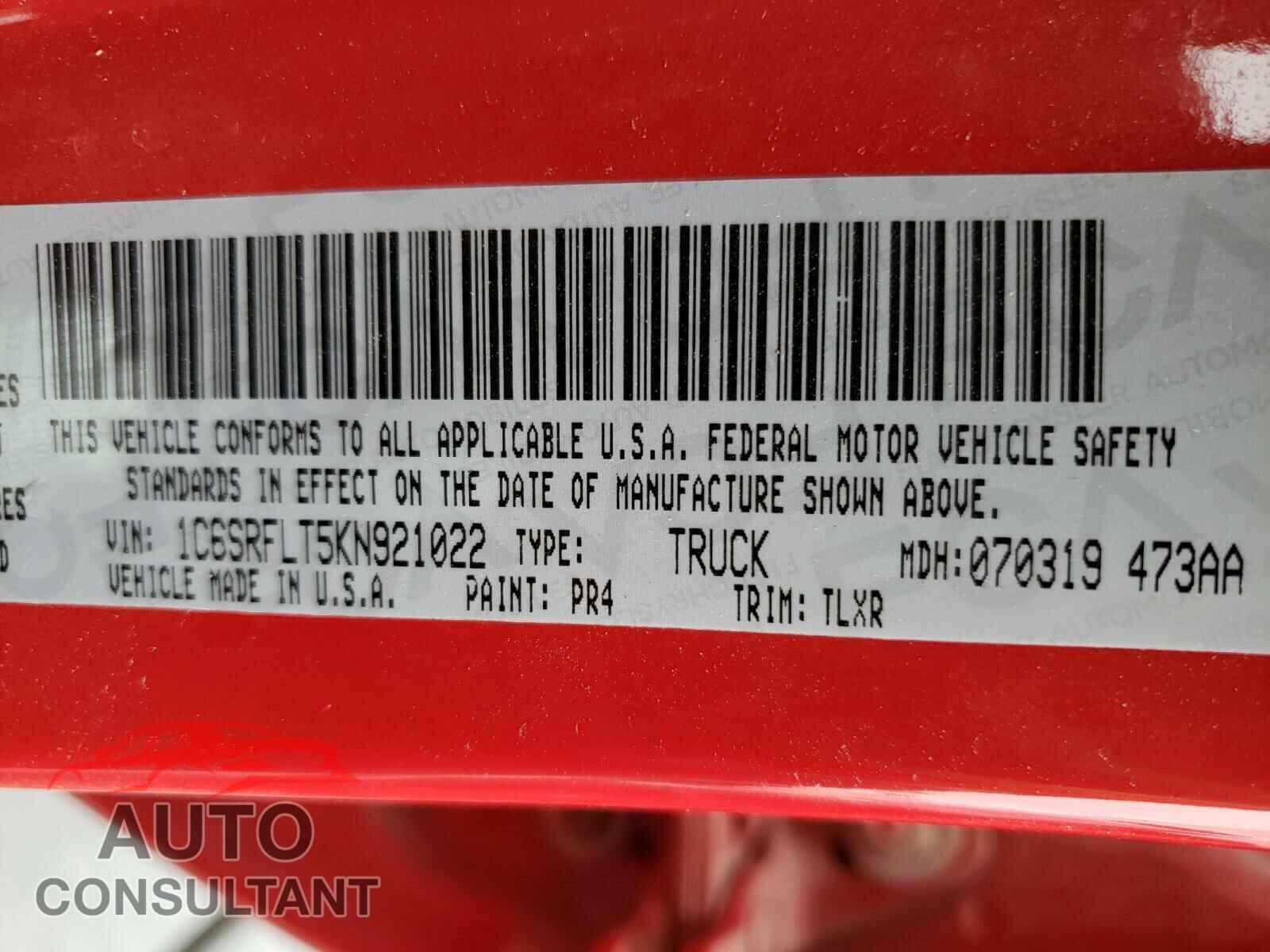 RAM 1500 2019 - 1C6SRFLT5KN921022