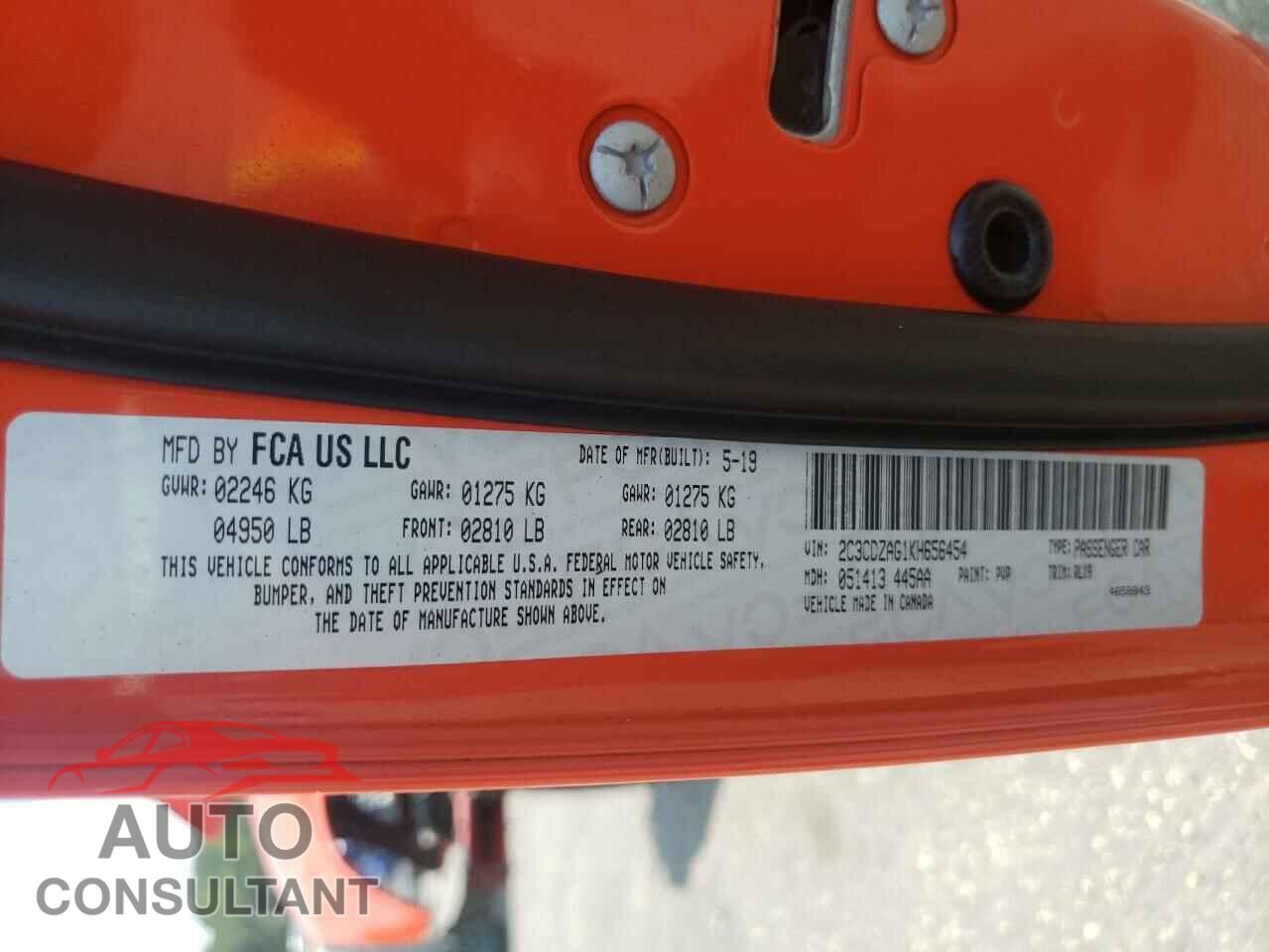 DODGE CHALLENGER 2019 - 2C3CDZAG1KH656454