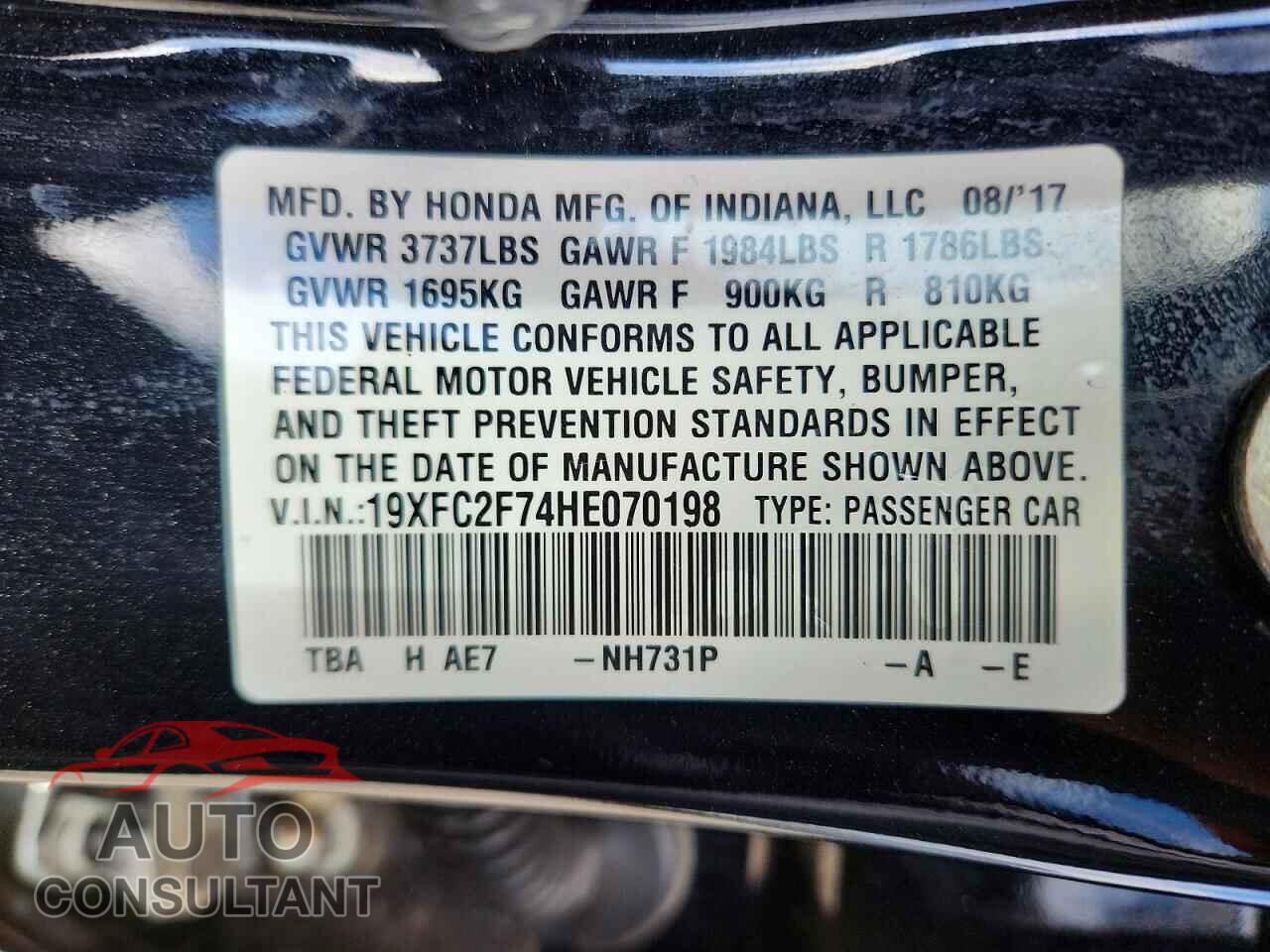 HONDA CIVIC 2017 - 19XFC2F74HE070198