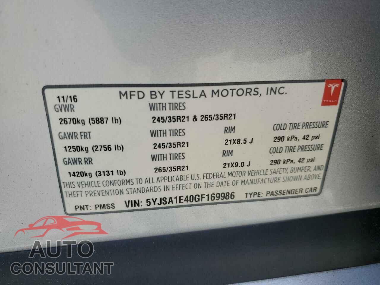 TESLA MODEL S 2016 - 5YJSA1E40GF169986