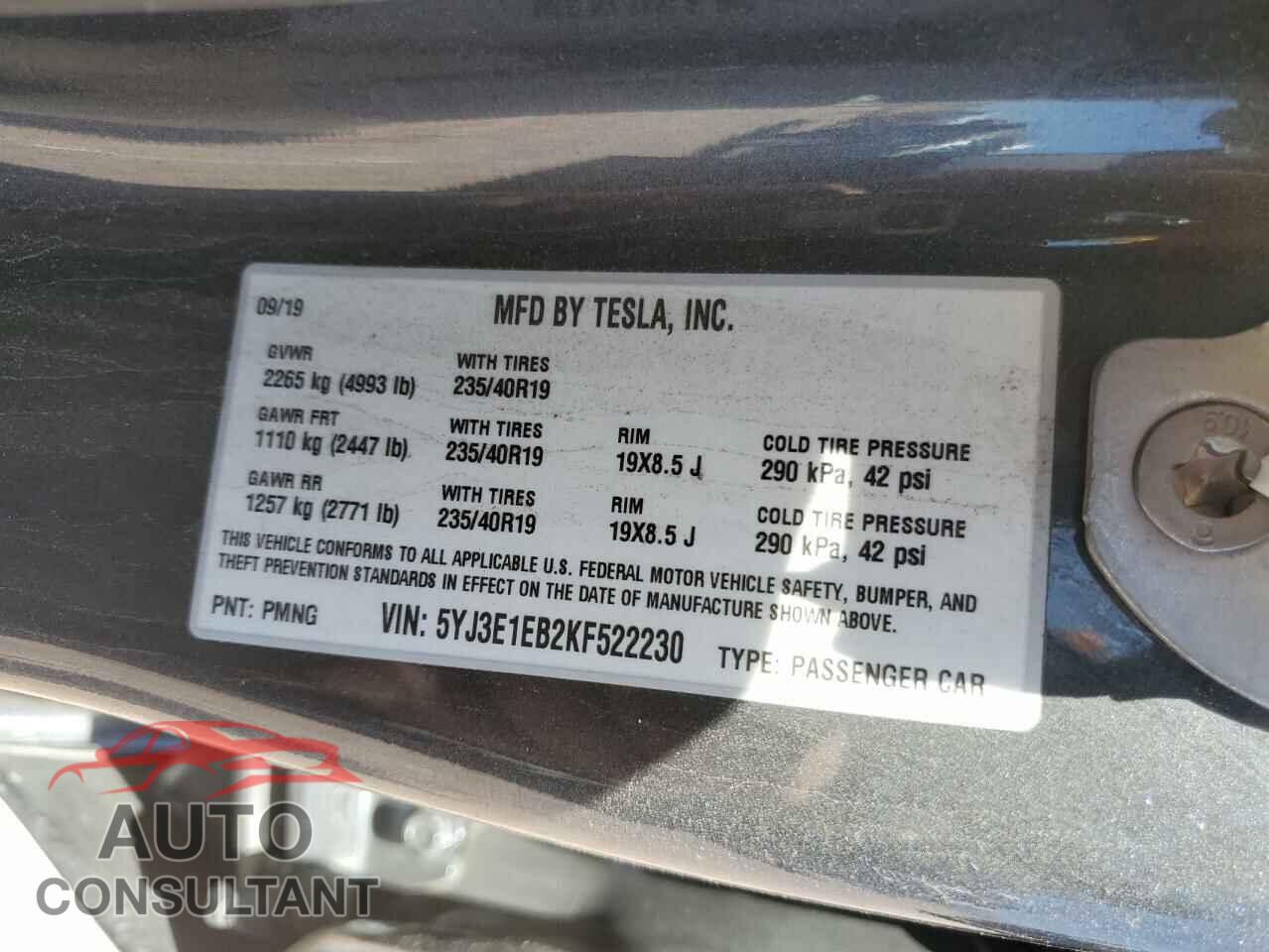 TESLA MODEL 3 2019 - 5YJ3E1EB2KF522230