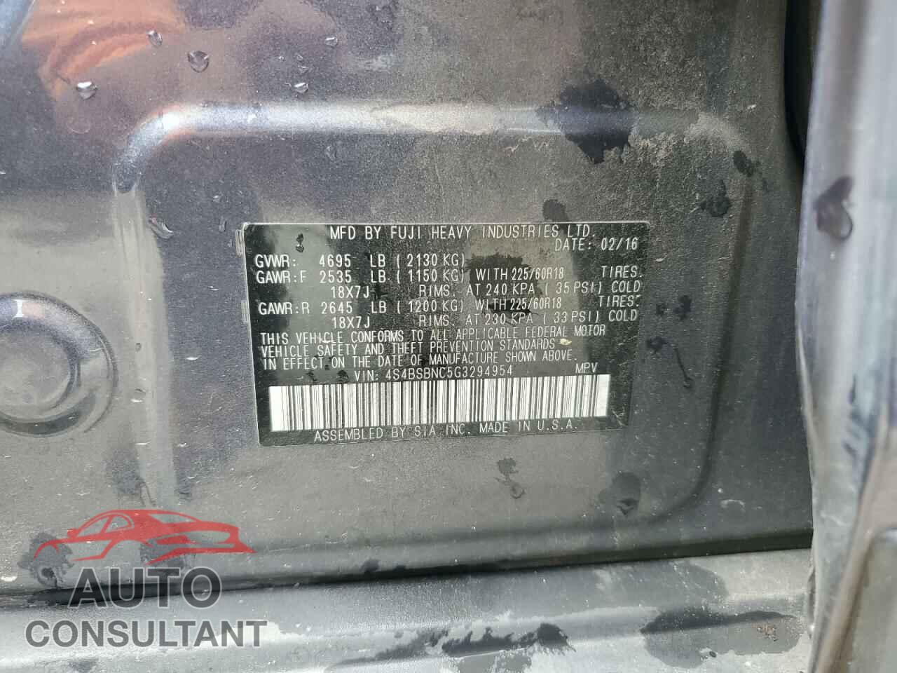 SUBARU OUTBACK 2016 - 4S4BSBNC5G3294954