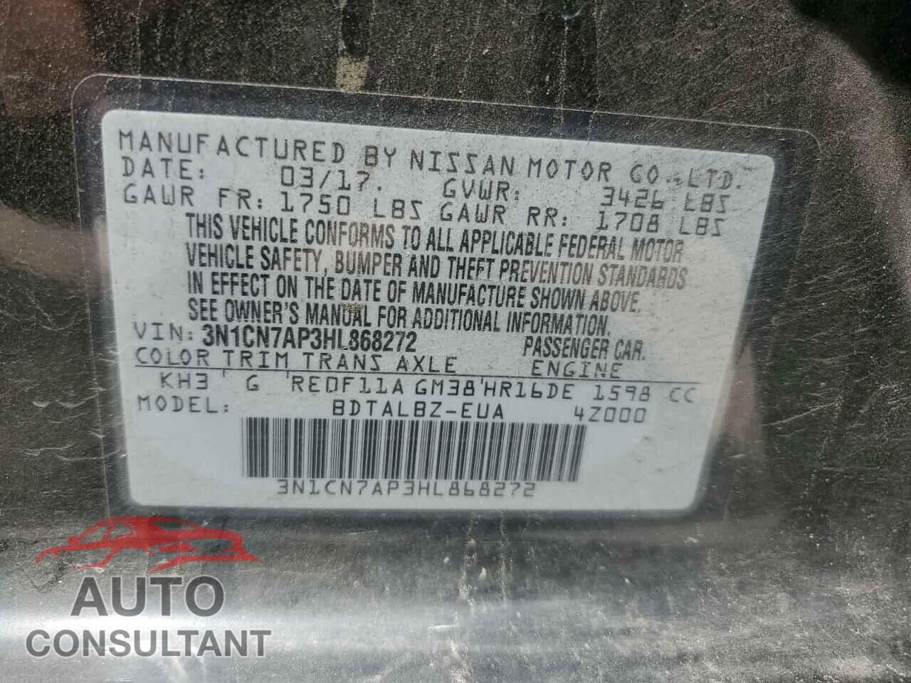 NISSAN VERSA 2017 - 3N1CN7AP3HL868272