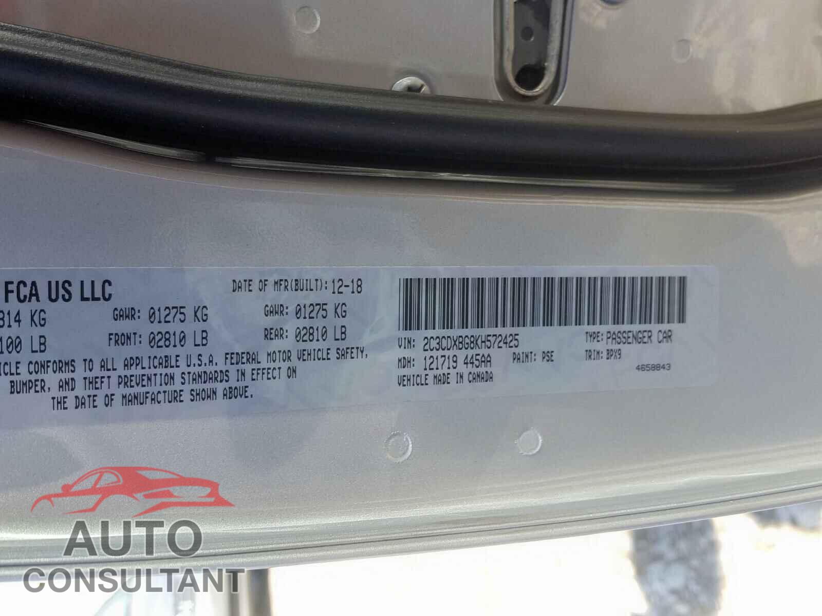 DODGE CHARGER 2019 - 2C3CDXBG8KH572425