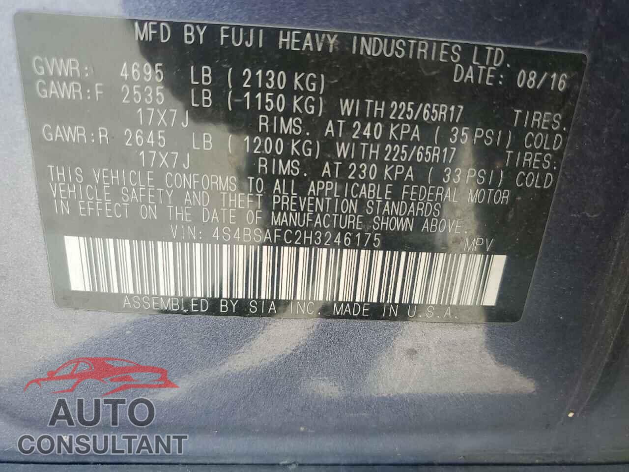 SUBARU OUTBACK 2017 - 4S4BSAFC2H3246175