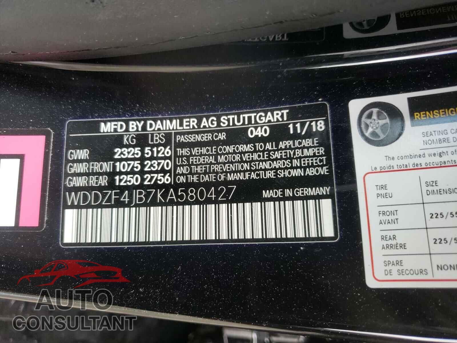 MERCEDES-BENZ E CLASS 2019 - WDDZF4JB7KA580427