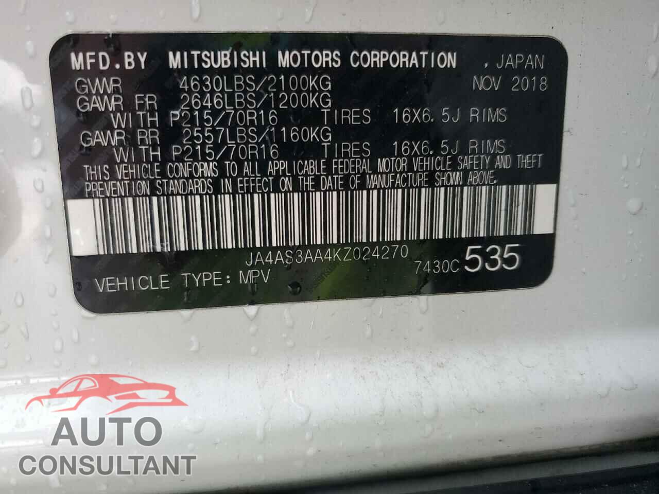 MITSUBISHI ECLIPSE 2019 - JA4AS3AA4KZ024270