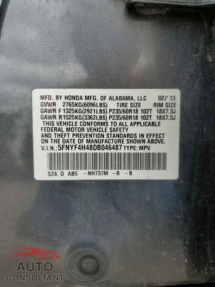 HONDA PILOT 2013 - 5FNYF4H48DB046487