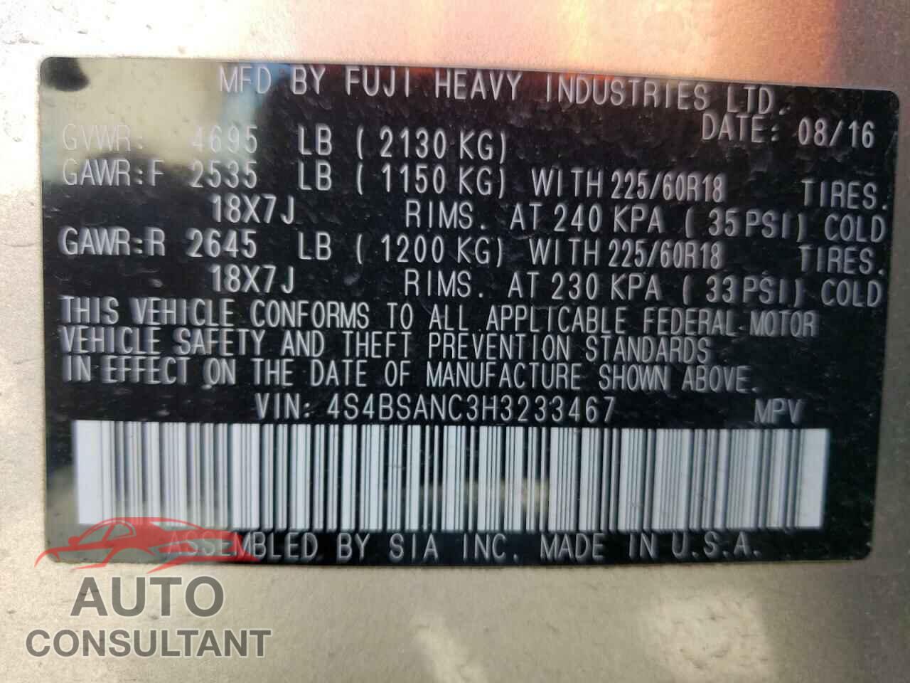 SUBARU OUTBACK 2017 - 4S4BSANC3H3233467