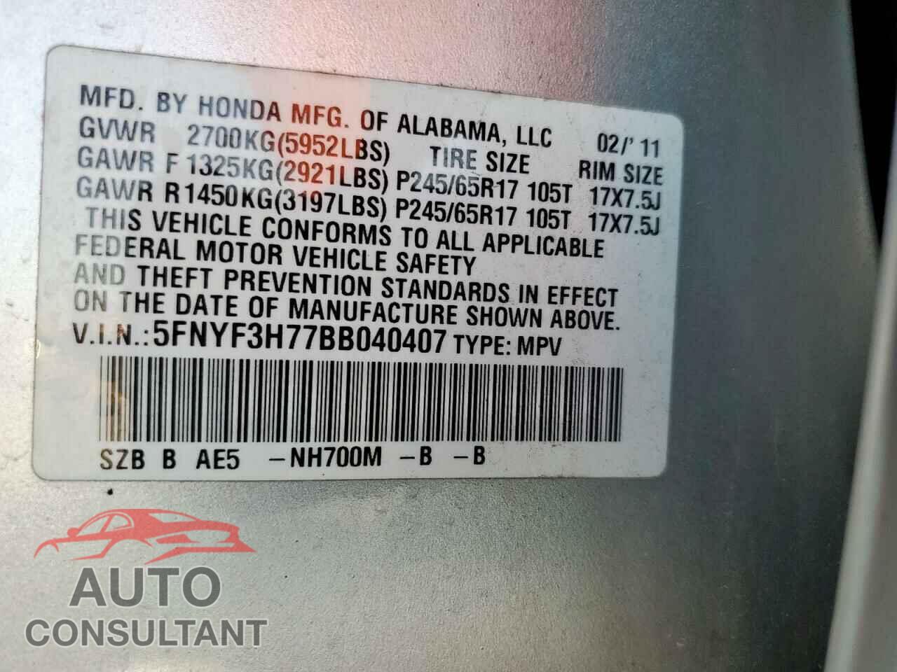 HONDA PILOT 2011 - 5FNYF3H77BB040407