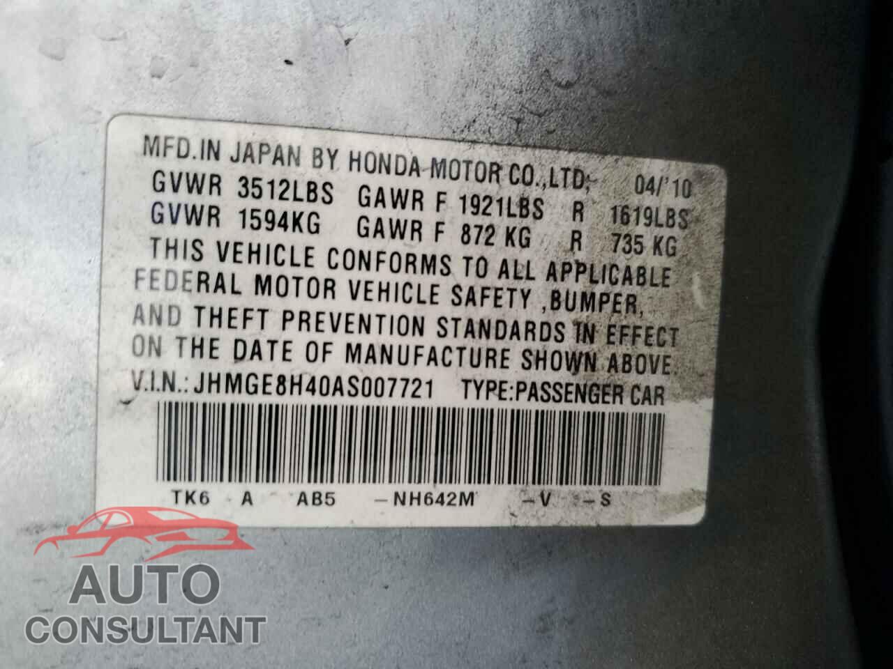 HONDA FIT 2010 - JHMGE8H40AS007721