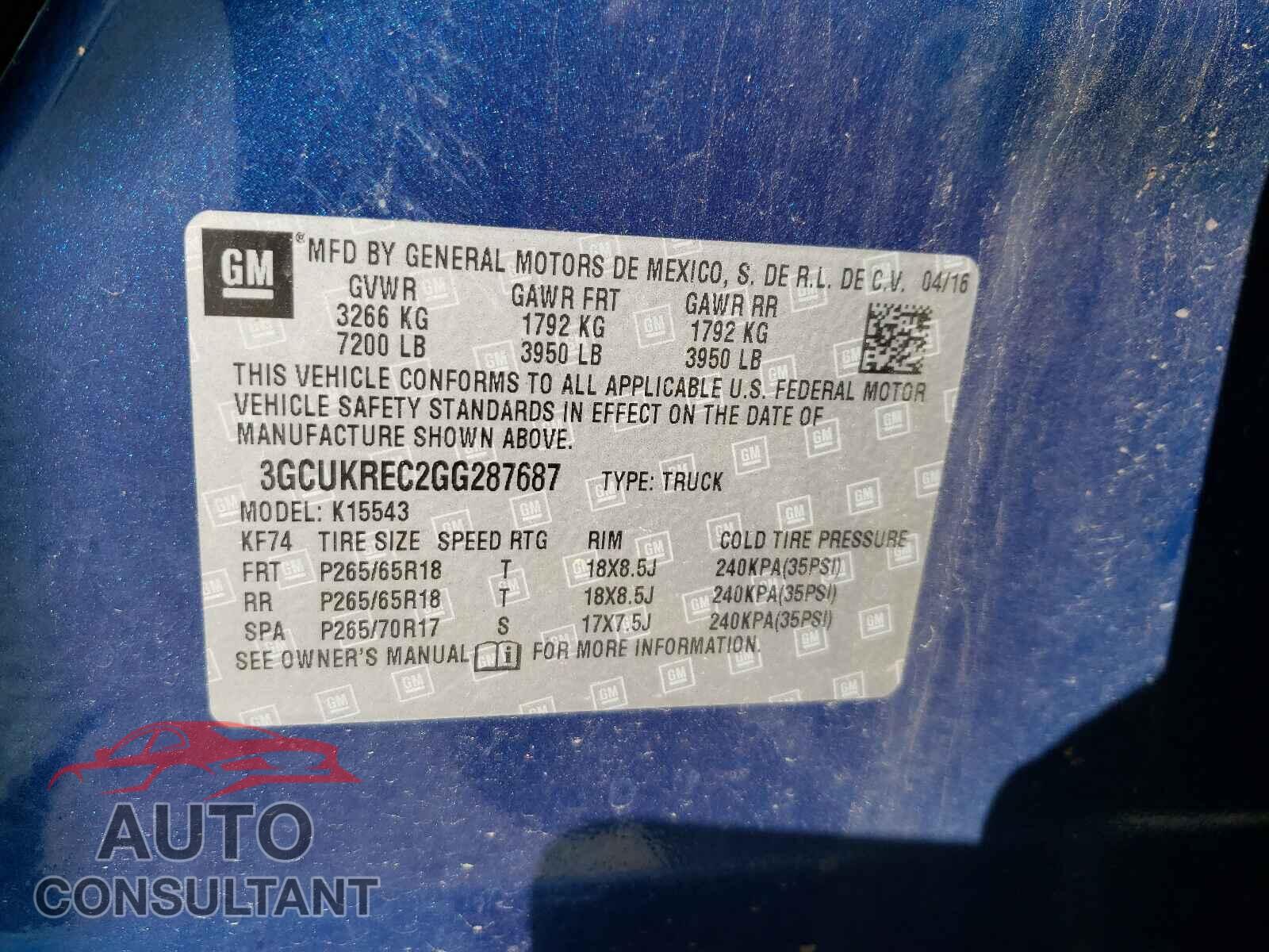 CHEVROLET SILVERADO 2016 - 3GCUKREC2GG287687