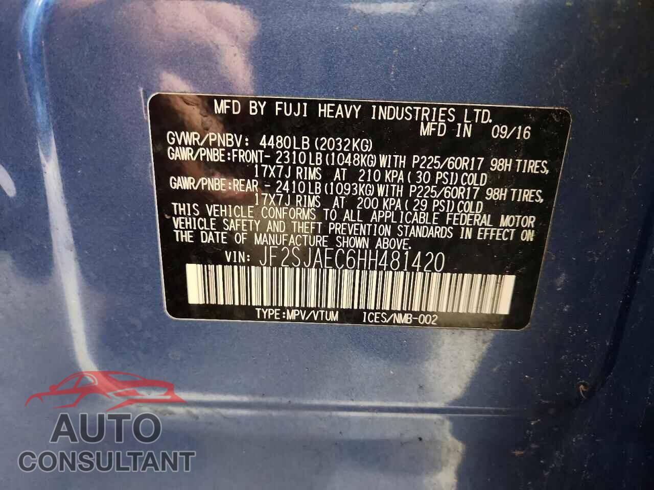 SUBARU FORESTER 2017 - JF2SJAEC6HH481420