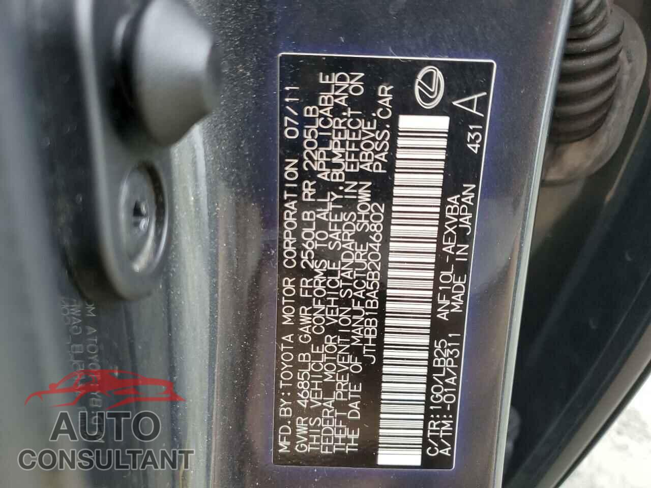 LEXUS HS 2011 - JTHBB1BA5B2046802