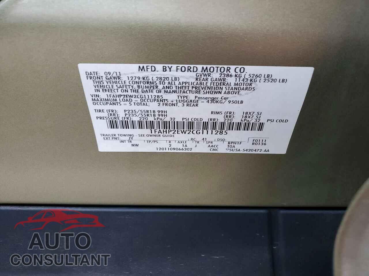 FORD TAURUS 2012 - 1FAHP2EW2CG111285