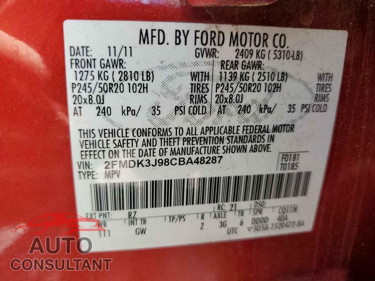 FORD EDGE 2012 - 2FMDK3J98CBA48287