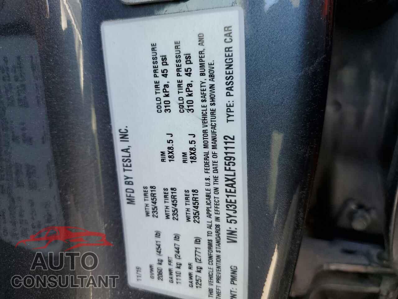 TESLA MODEL 3 2020 - 5YJ3E1EAXLF591112