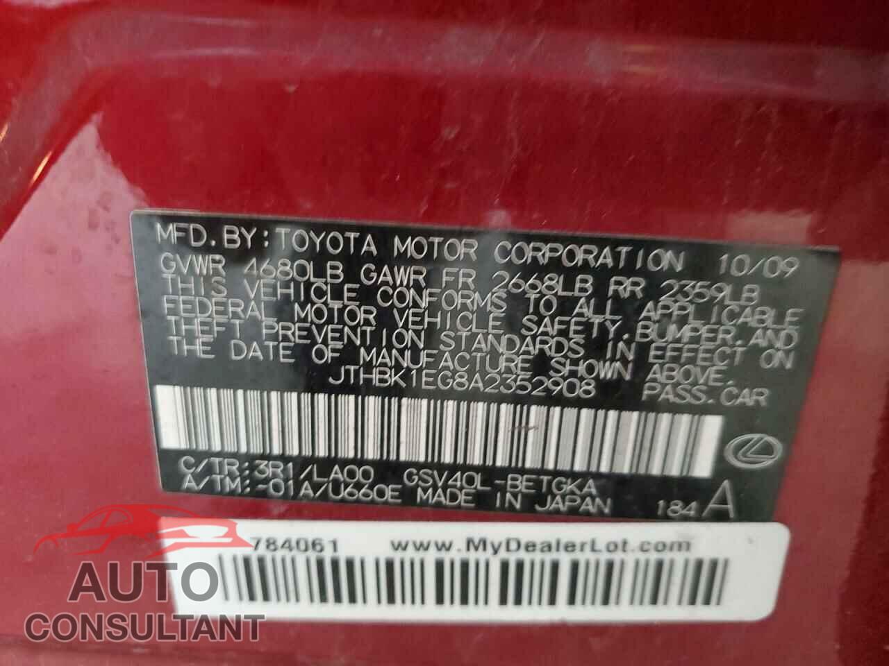LEXUS ES350 2010 - JTHBK1EG8A2352908