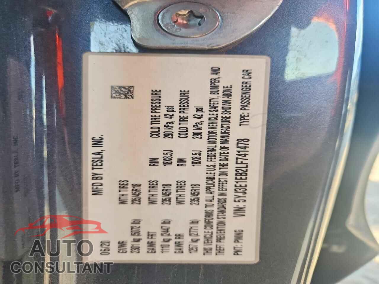TESLA MODEL 3 2020 - 5YJ3E1EB2LF741478