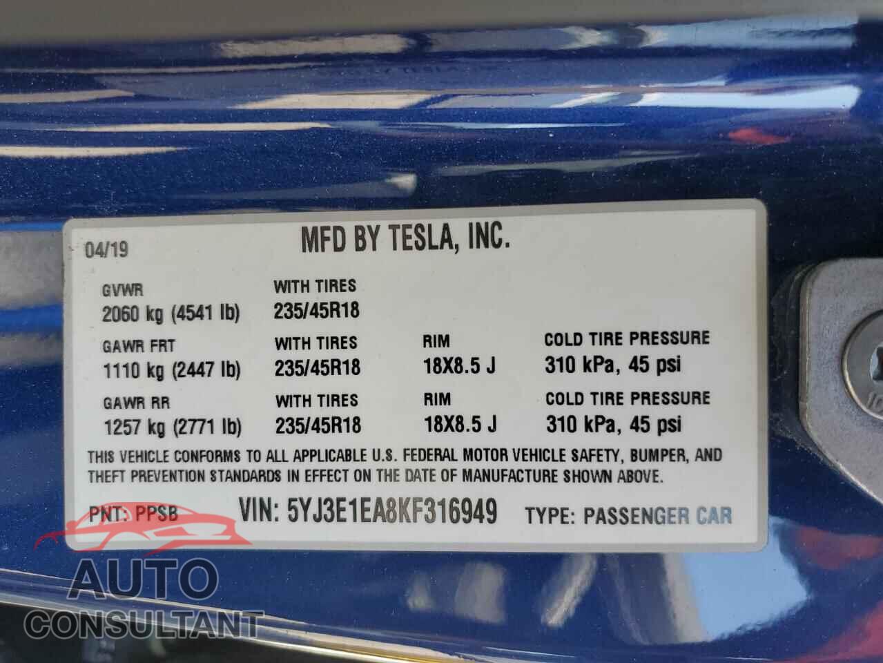 TESLA MODEL 3 2019 - 5YJ3E1EA8KF316949