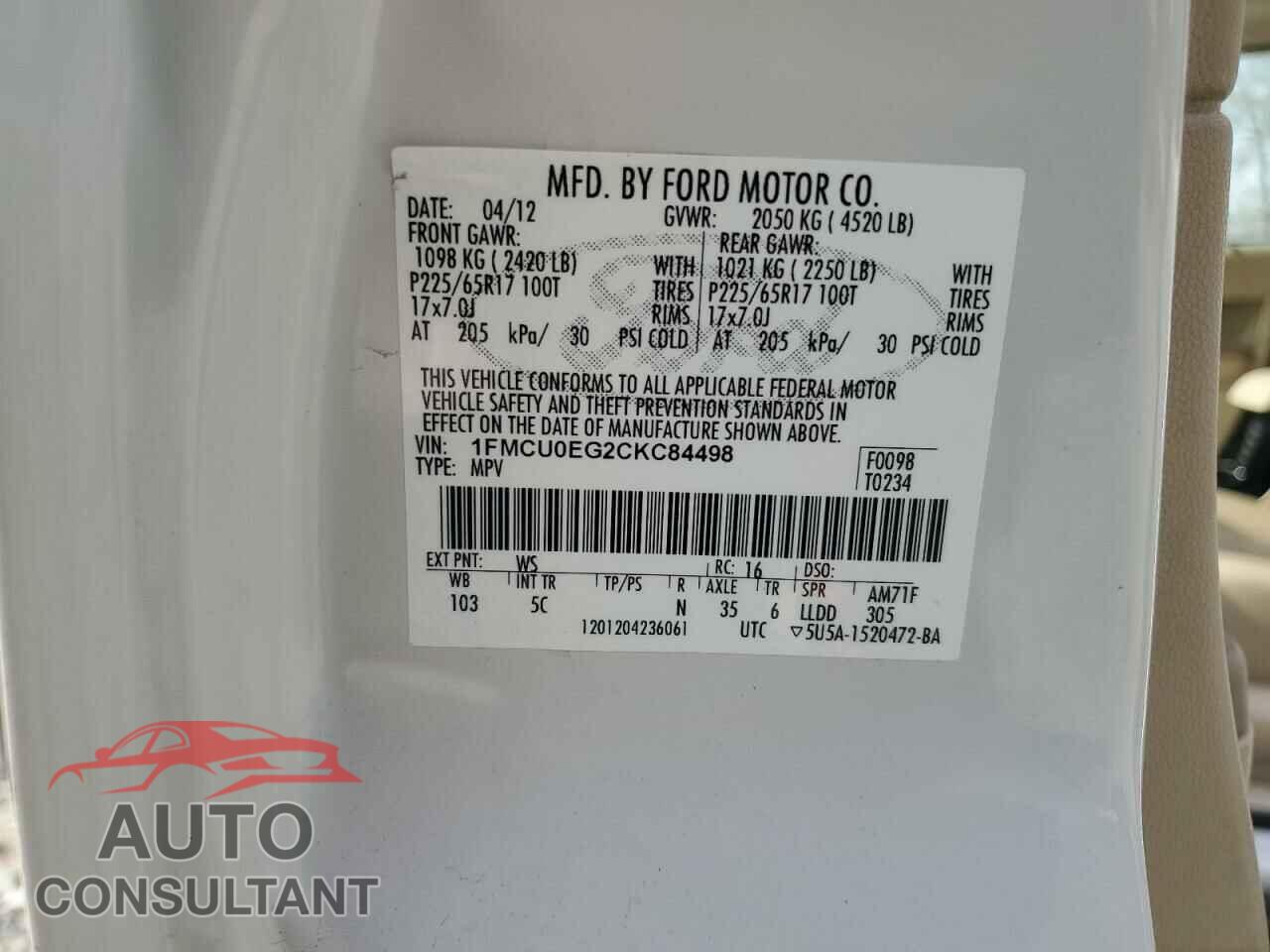 FORD ESCAPE 2012 - 1FMCU0EG2CKC84498