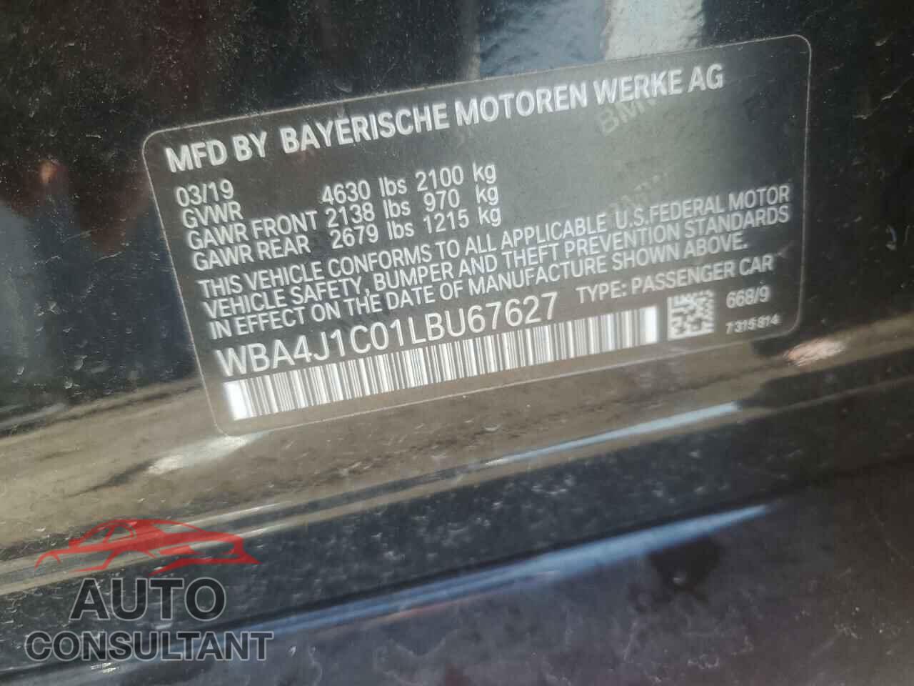 BMW 4 SERIES 2020 - WBA4J1C01LBU67627