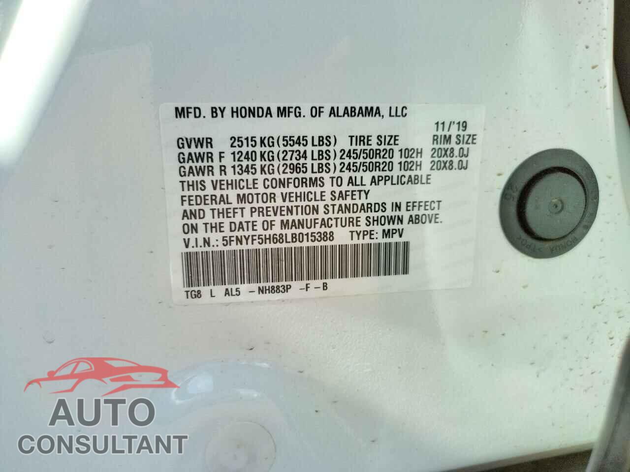 HONDA PILOT 2020 - 5FNYF5H68LB015388