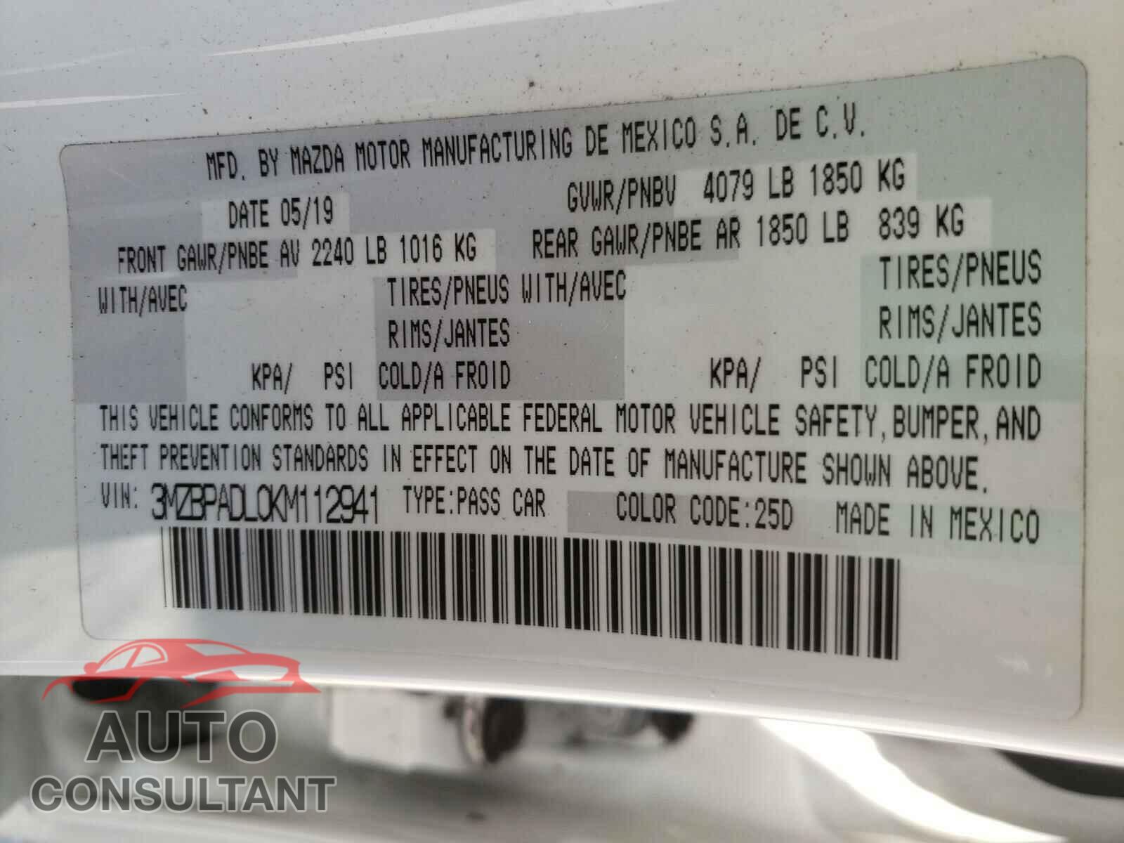 MAZDA 3 2019 - 3MZBPADL0KM112941